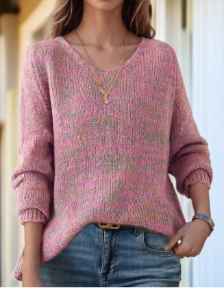 Casual Loose Contrast Color V Neck Sweater Top Fashion Pullover