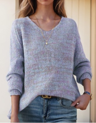 Casual Loose Contrast Color V Neck Sweater Top Fashion Pullover