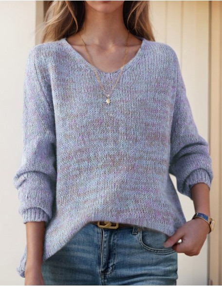 Casual Loose Contrast Color V Neck Sweater Top Fashion Pullover