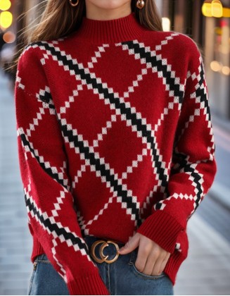 Half High Neck Contrast Jacquard Sweater Retro Pullover Top