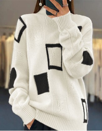 Half Neck Long Sleeved Sweater Coat Geometric Crochet Pullover