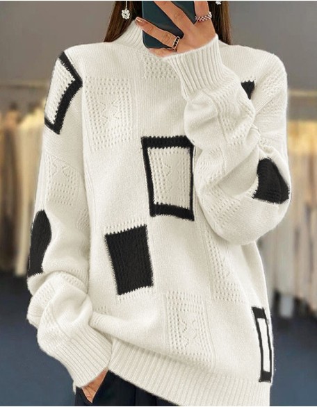 Half Neck Long Sleeved Sweater Coat Geometric Crochet Pullover