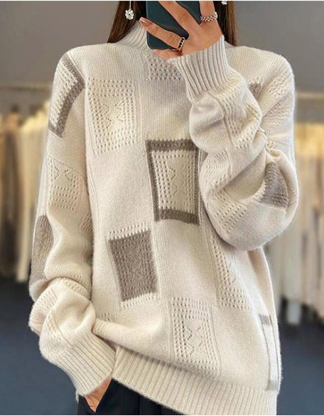 Half Neck Long Sleeved Sweater Coat Geometric Crochet Pullover