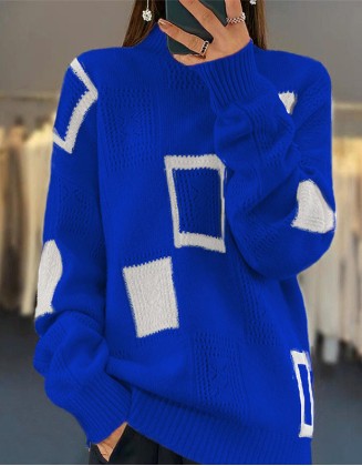Half Neck Long Sleeved Sweater Coat Geometric Crochet Pullover