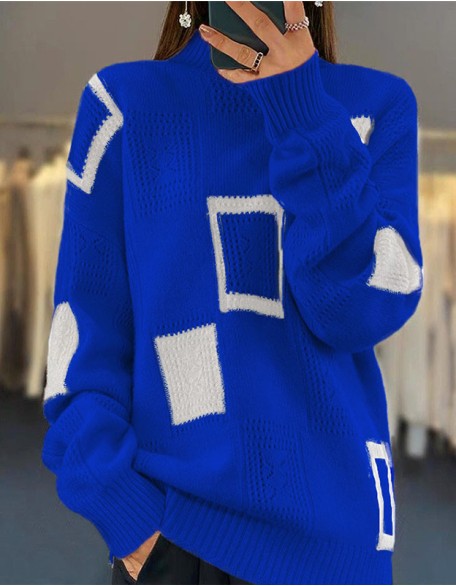 Half Neck Long Sleeved Sweater Coat Geometric Crochet Pullover