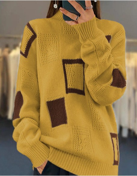 Half Neck Long Sleeved Sweater Coat Geometric Crochet Pullover