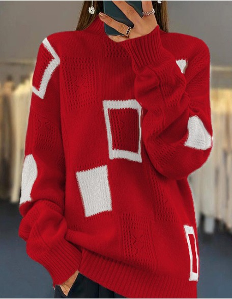 Half Neck Long Sleeved Sweater Coat Geometric Crochet Pullover