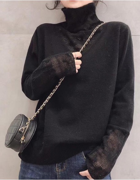 High Neck Slim Long Sleeve Sweater Hollow Splicing Bottoming Shirt