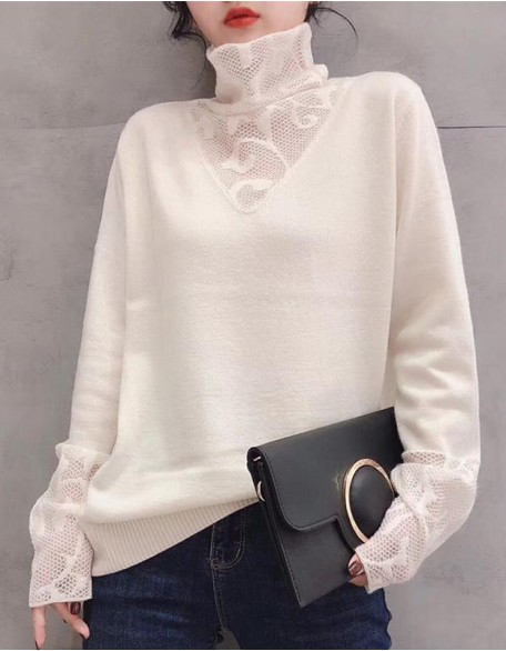 High Neck Slim Long Sleeve Sweater Hollow Splicing Bottoming Shirt