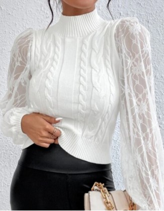 Knit Lace Flared Lace Sleeve Sweater Solid Color White