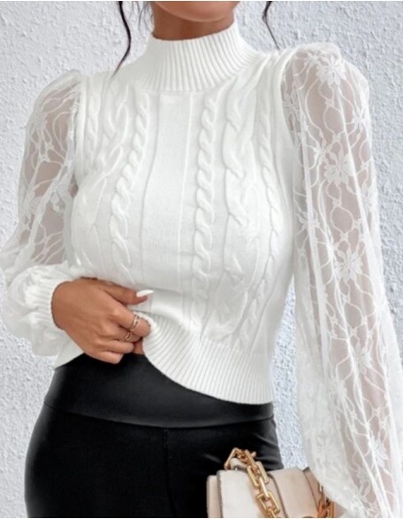 Knit Lace Flared Lace Sleeve Sweater Solid Color White