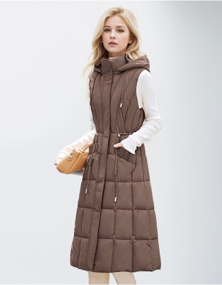 Long Hooded Down Cotton Fashion Waist Vest