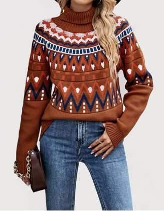 Long Sleeve Sweater Turtleneck Knit Vintage Fashion Geometric