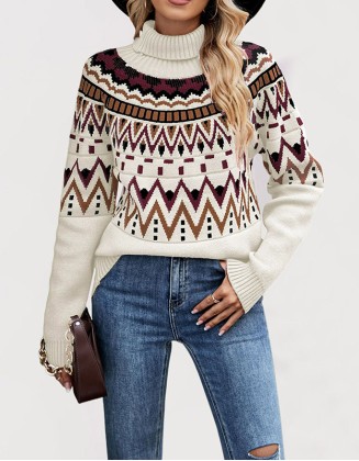 Long Sleeve Sweater Turtleneck Knit Vintage Fashion Geometric