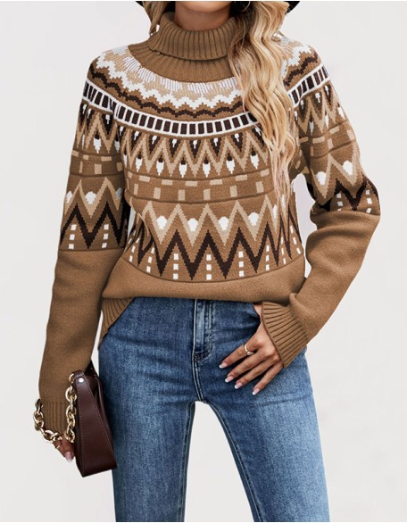 Long Sleeve Sweater Turtleneck Knit Vintage Fashion Geometric