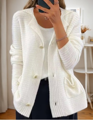 New Retro Solid Color Suit Collar Long Sleeve Knit Cardigan Casual Sweater Coat