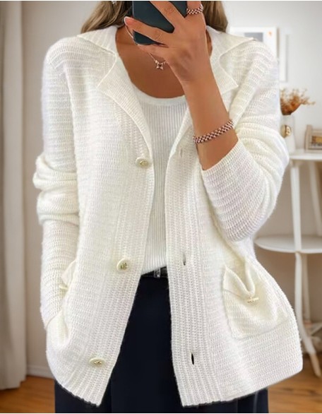 New Retro Solid Color Suit Collar Long Sleeve Knit Cardigan Casual Sweater Coat