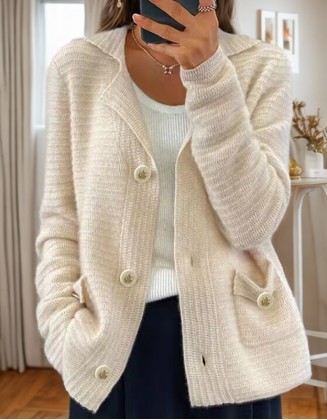 New Retro Solid Color Suit Collar Long Sleeve Knit Cardigan Casual Sweater Coat