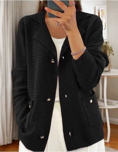 New Retro Solid Color Suit Collar Long Sleeve Knit Cardigan Casual Sweater Coat
