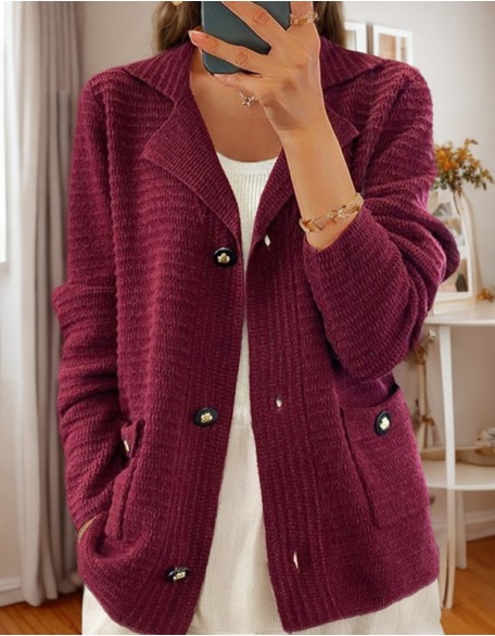 New Retro Solid Color Suit Collar Long Sleeve Knit Cardigan Casual Sweater Coat