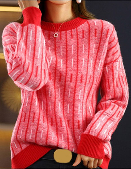Retro Loose Round Neck Pullover Sweater Color Matching Top