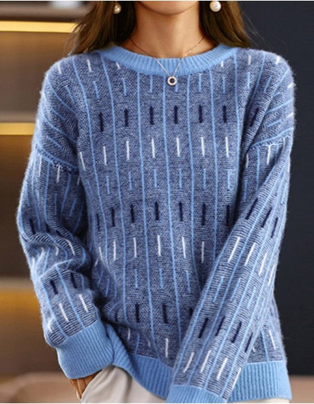 Retro Loose Round Neck Pullover Sweater Color Matching Top