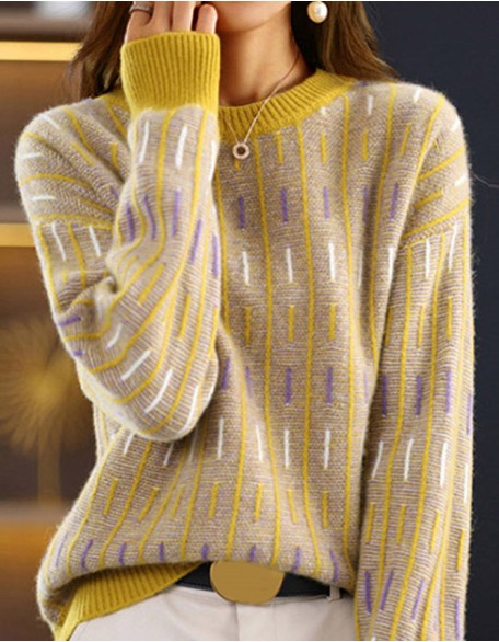 Retro Loose Round Neck Pullover Sweater Color Matching Top