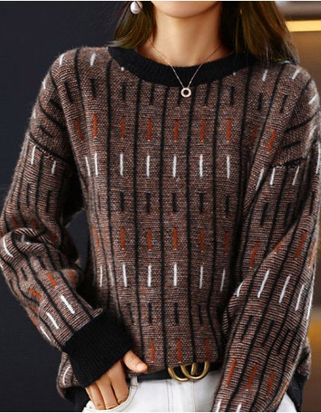 Retro Loose Round Neck Pullover Sweater Color Matching Top