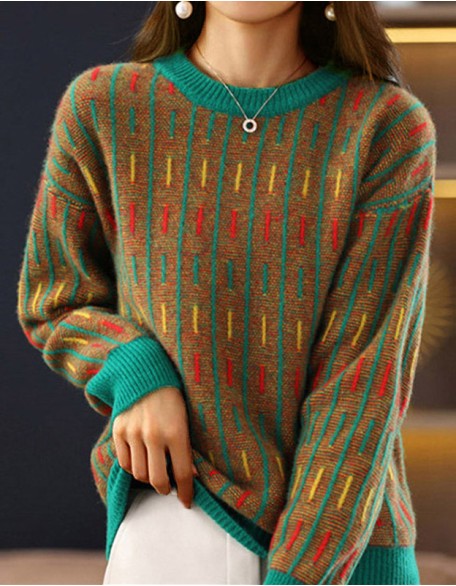 Retro Loose Round Neck Pullover Sweater Color Matching Top