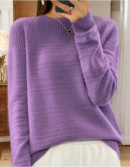 Round Neck Solid Color Sweater Top Vintage Jacquard Pullover