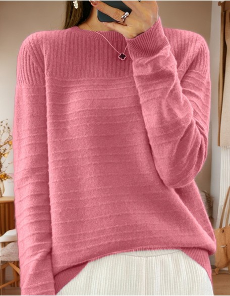 Round Neck Solid Color Sweater Top Vintage Jacquard Pullover
