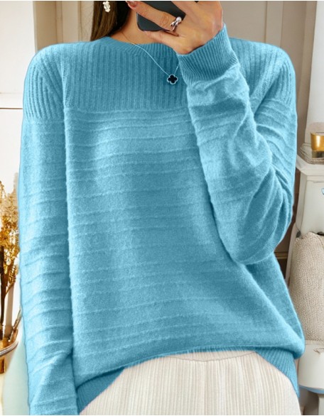 Round Neck Solid Color Sweater Top Vintage Jacquard Pullover