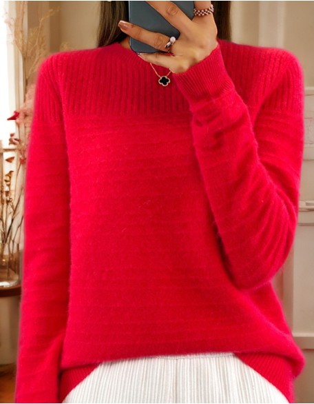 Round Neck Solid Color Sweater Top Vintage Jacquard Pullover