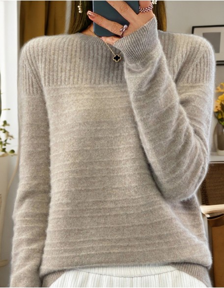 Round Neck Solid Color Sweater Top Vintage Jacquard Pullover