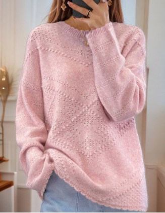 Solid Color Long Sleeve Openwork Jacquard Round Neck Sweater Pullover