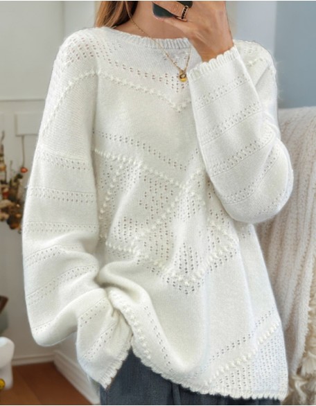Solid Color Long Sleeve Openwork Jacquard Round Neck Sweater Pullover