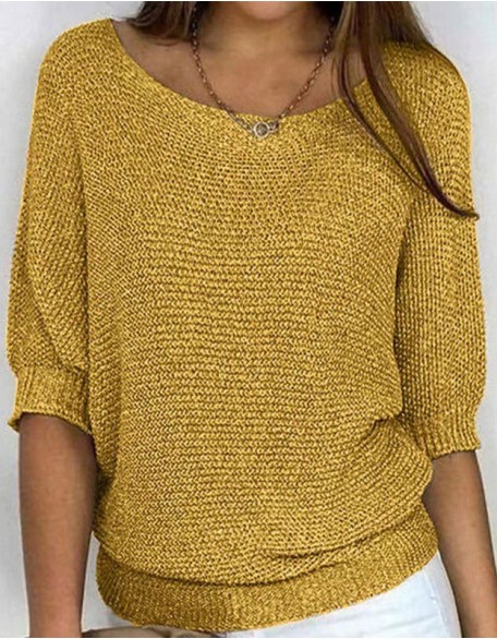 Solid Color Round Neck Sweater Cropped Sleeve Top Air Conditioning Shirt