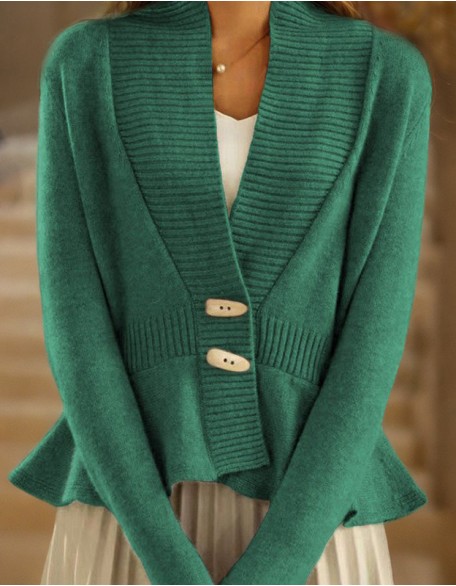 Solid Color Vintage Knit Cardigan V Neck Ruffled Hem Sweater Coat