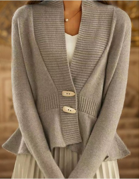 Solid Color Vintage Knit Cardigan V Neck Ruffled Hem Sweater Coat